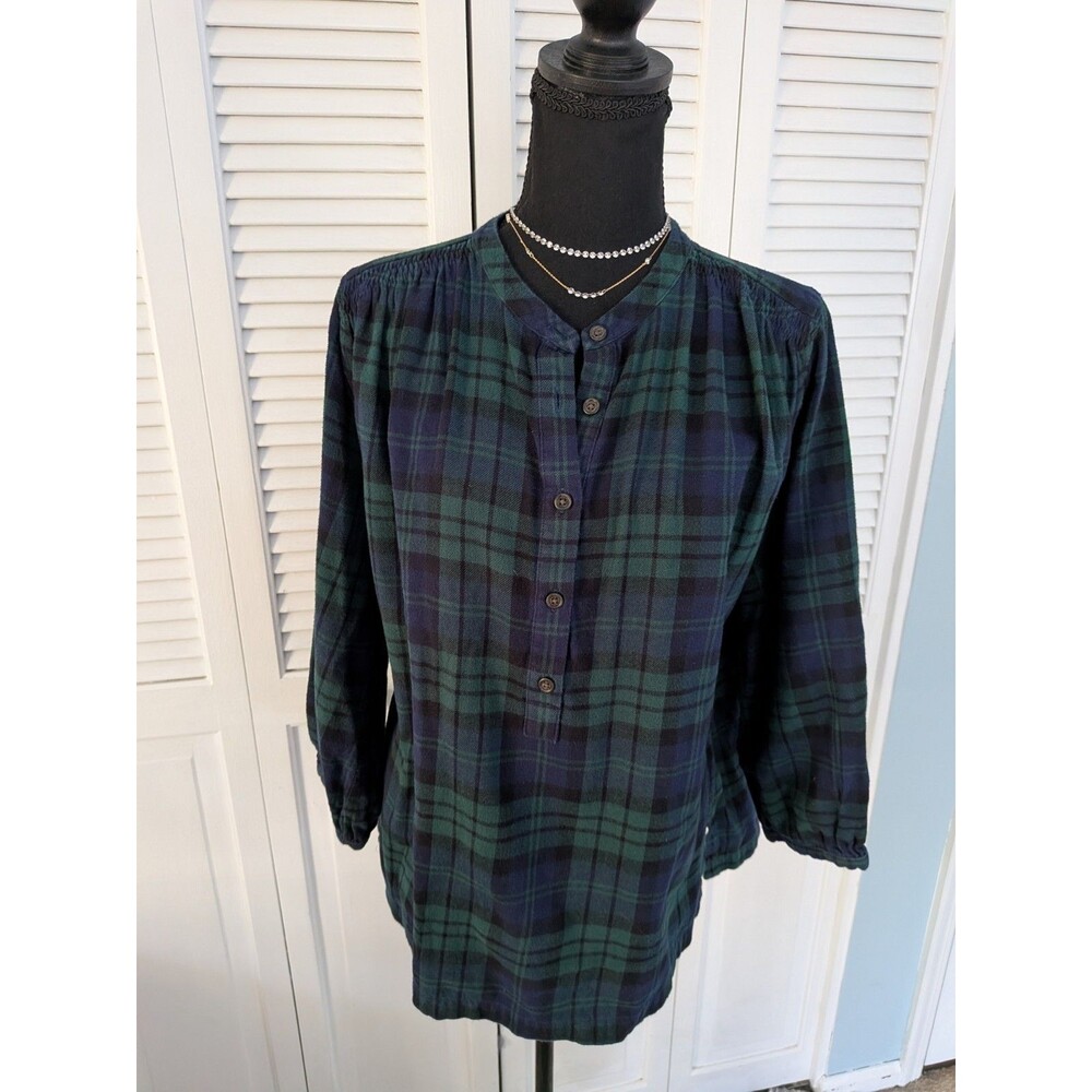 Lands' End ButtonUp Shirt Womens M Flannel Plaid Green Blue L/S Smocked Cozy Top
